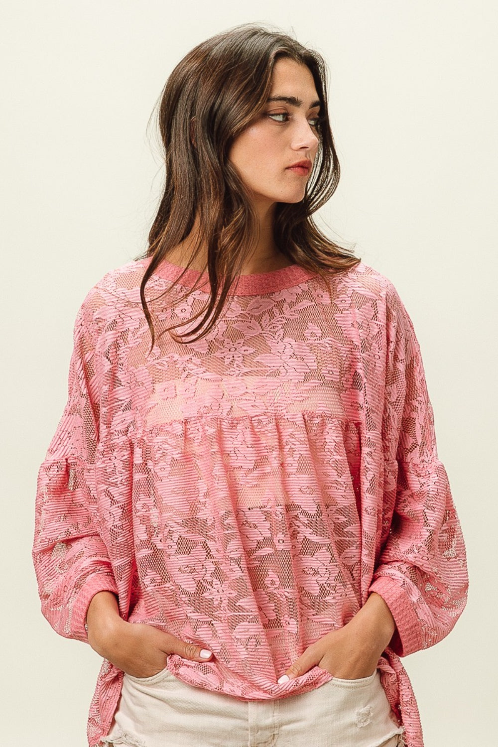 BiBi Mauve Floral Lace Long Sleeve Top Trendsi