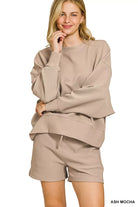 Zenana Ash Mocha Ribbed Round Neck Pullover and Shorts Set ASH MOCHA