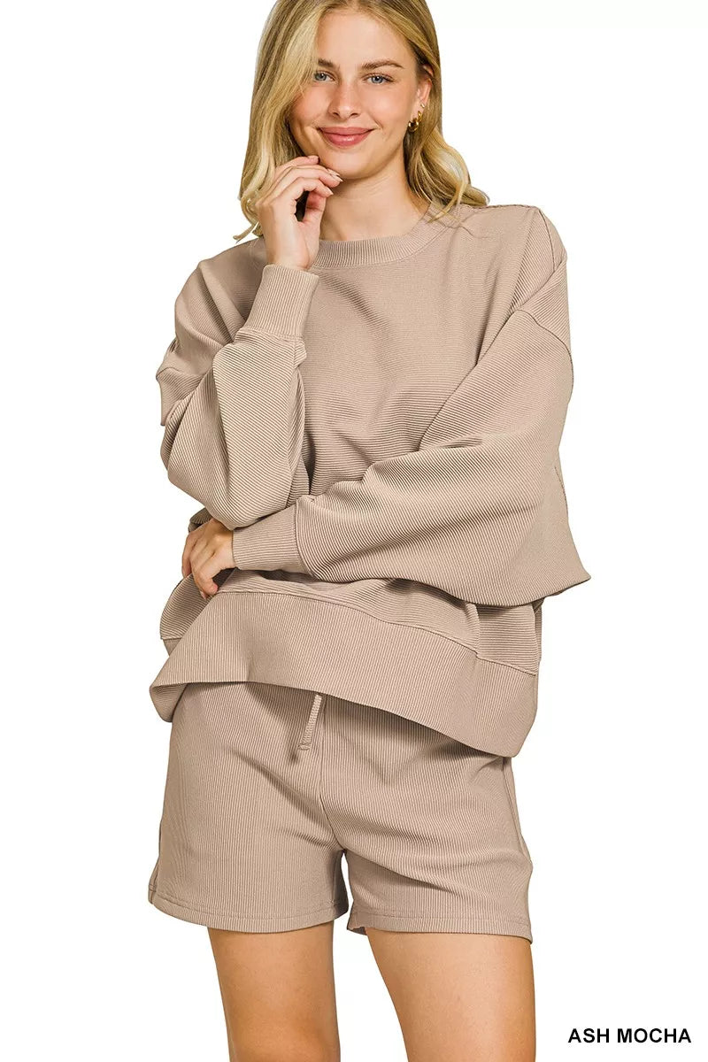 Zenana Ash Mocha Ribbed Round Neck Pullover and Shorts Set ASH MOCHA