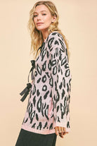 Davi & Dani Blush Pink Leopard Ribbon Tie Front Loose Fit Cardigan Trendsi