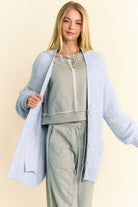 Davi & Dani Light Blue Ribbed Hem Button Up Long Sleeve Cardigan Shirts & Tops