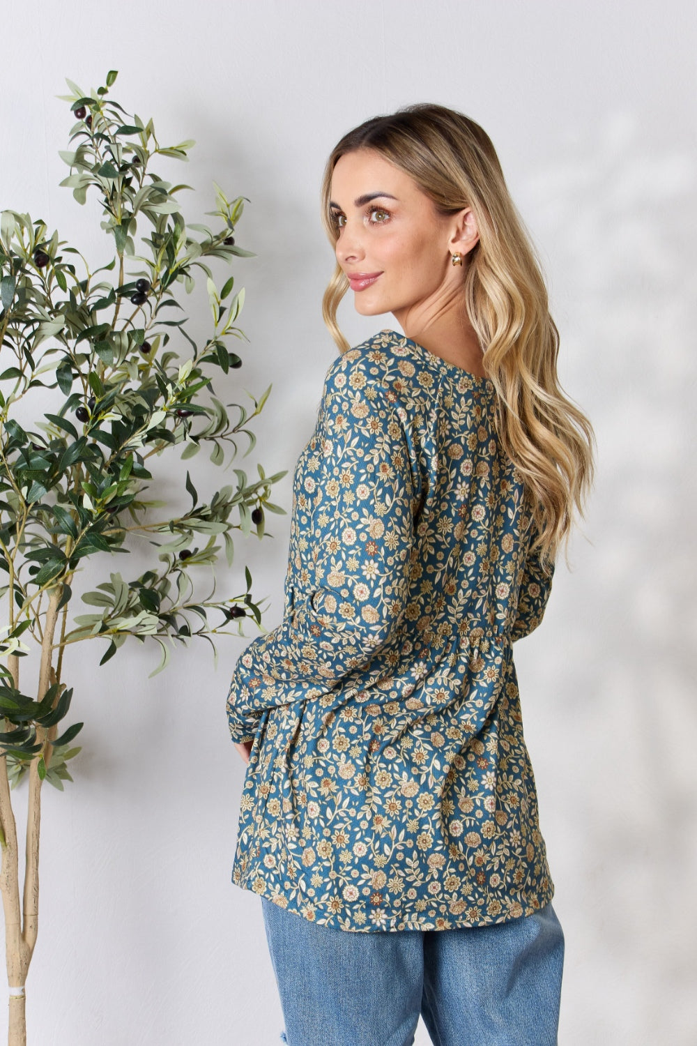 Heimish Floral Half Button Long Sleeve Blouse