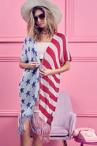 BiBi American Flag Theme Fringed Knit Cardigan NAVY RED