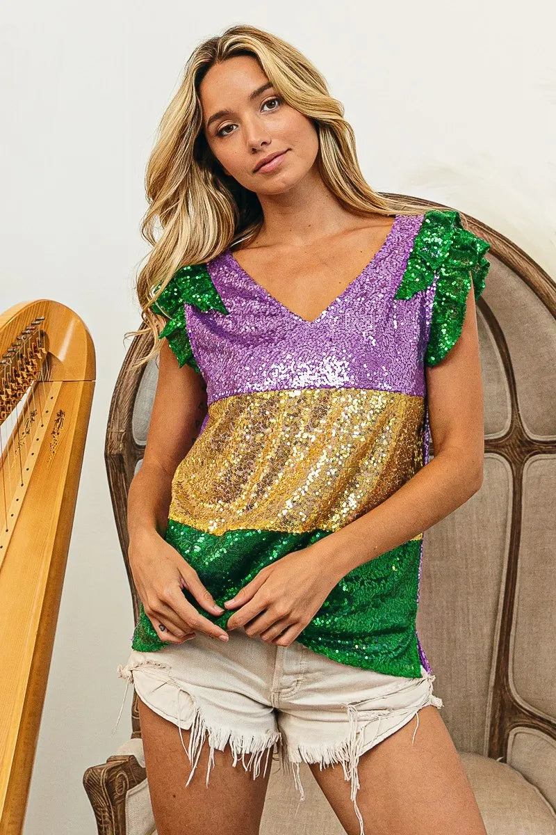 BiBi Mardi Gras Sequin Color Block Ruffled Top