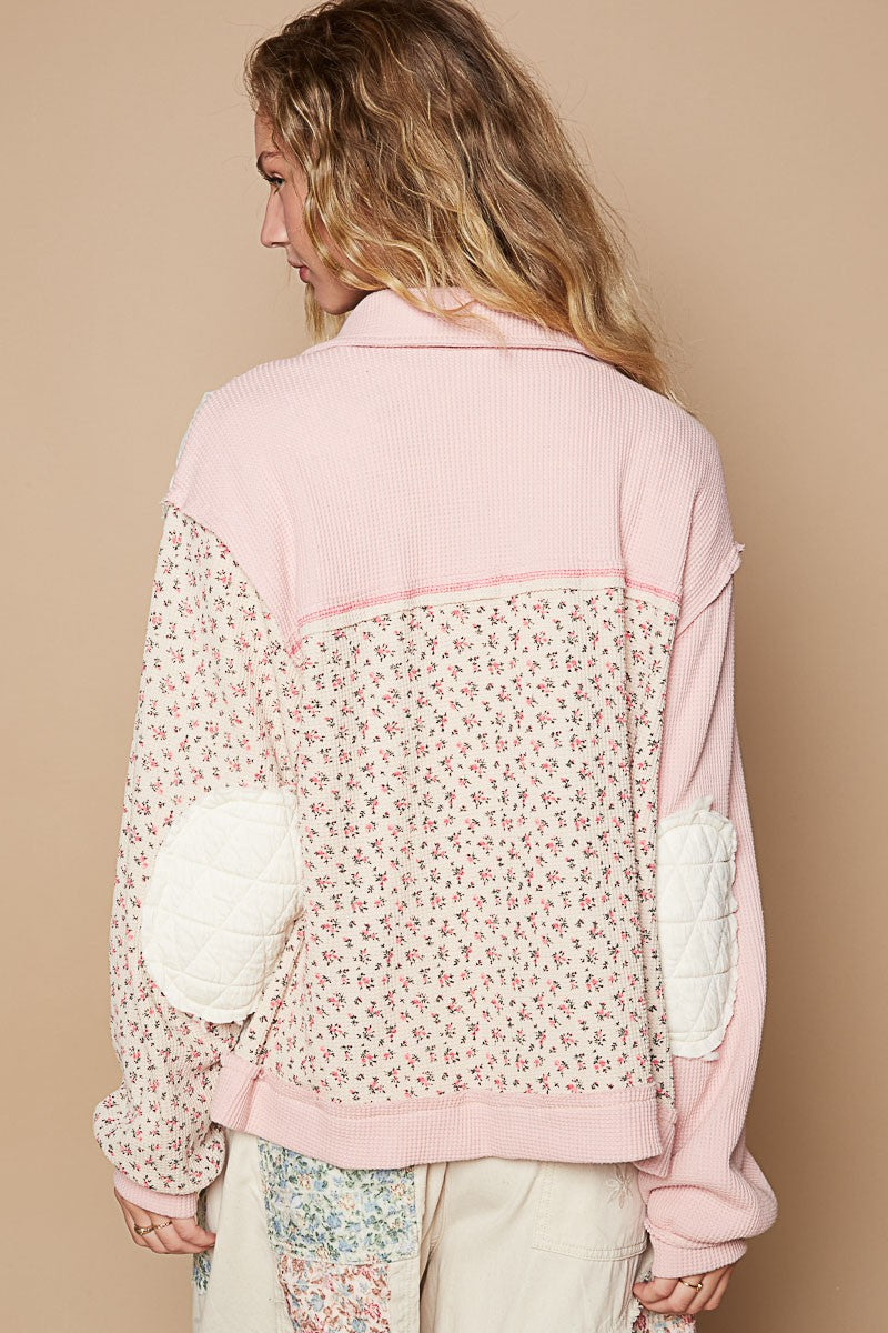 POL Pink Floral Exposed Seam Button Up Quilted Jacket Trendsi