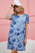 BiBi Navy Puff Sleeve With Side Pockets Tie Dye Dress