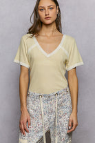 POL Lemon Lace Detail V-Neck Short Sleeve Textured T-Shirt