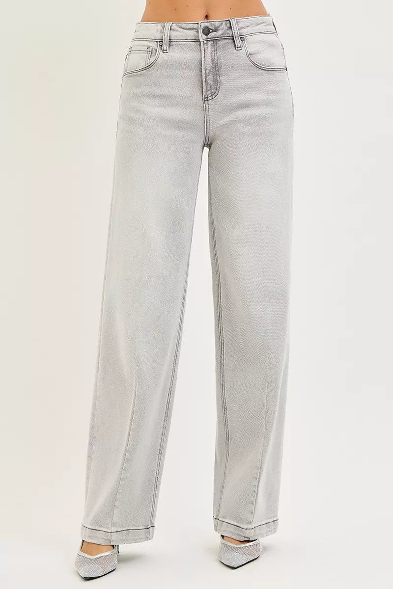RISEN Slouchy Baggy Jeans with Contrast Stitching LIGHT GREY