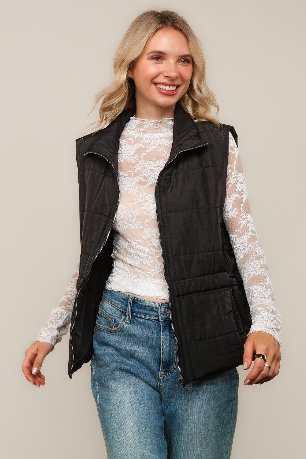 Haptics High Nevk Quilted Zip Up Black Puffer Vest
