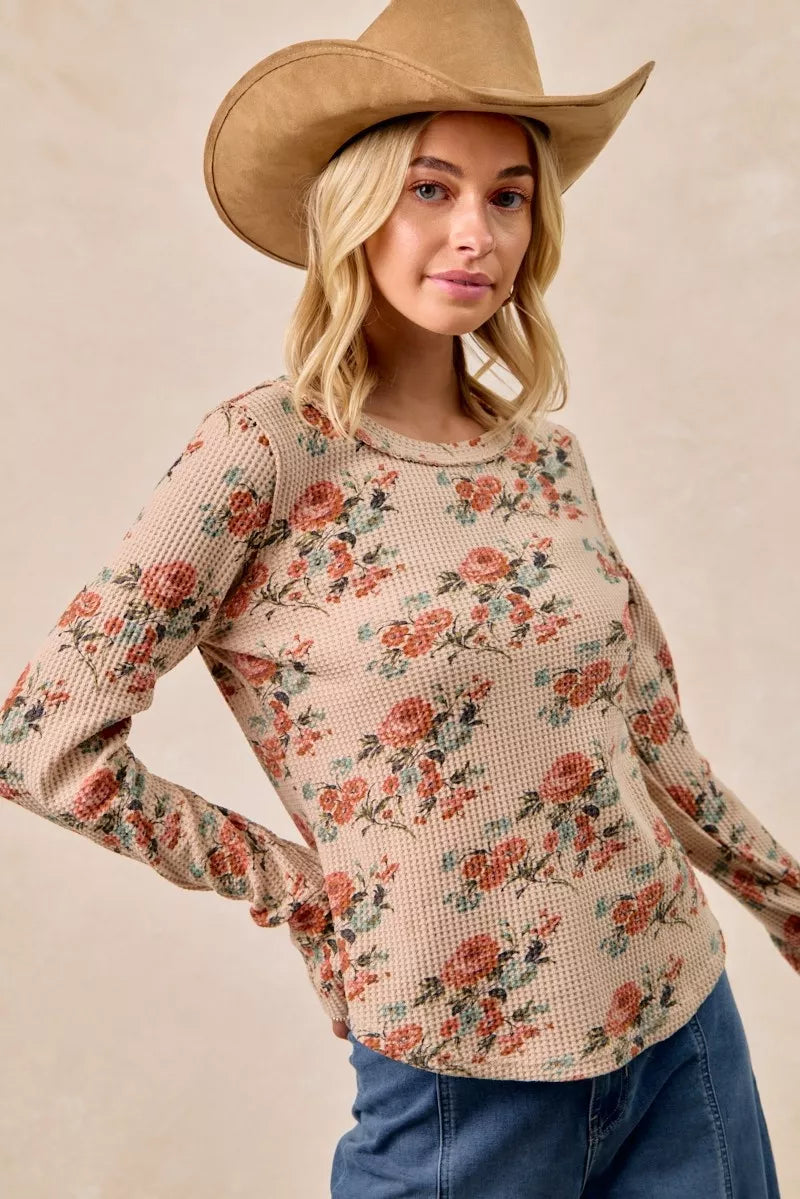 BiBi Taupe Floral Print Washed Waffle Thermal Top with Thumb