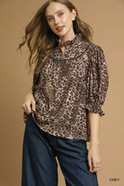 Umgee Grey Leopard Print Ruffle Neck Blouse GREY