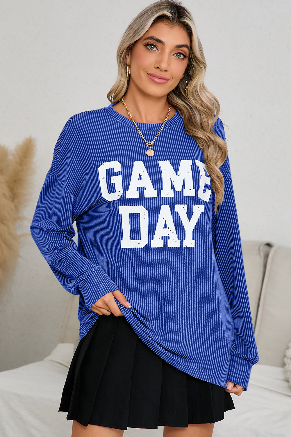 Bluing Corded Ribbed GAME DAY Graphic Long Sleeve Top Shewin