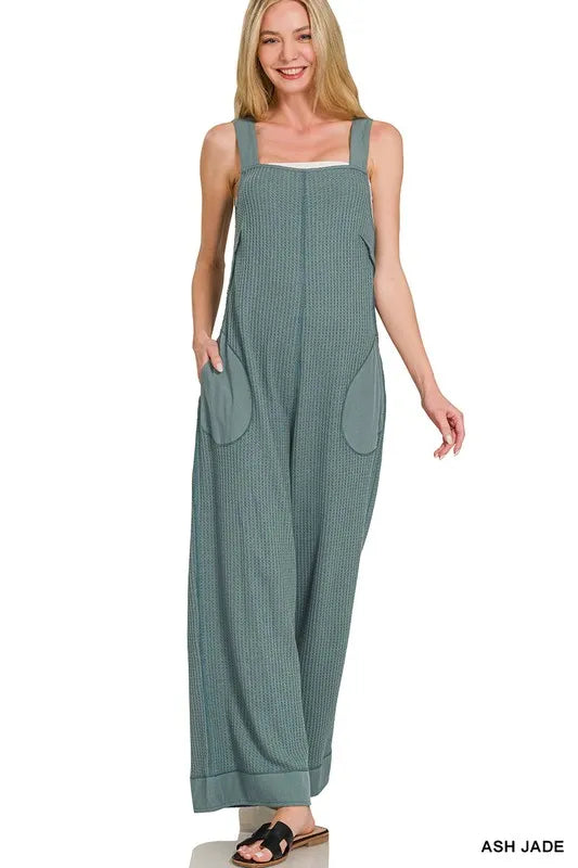 Zenana Knit Waffle Wide Leg Overalls ASH JADE