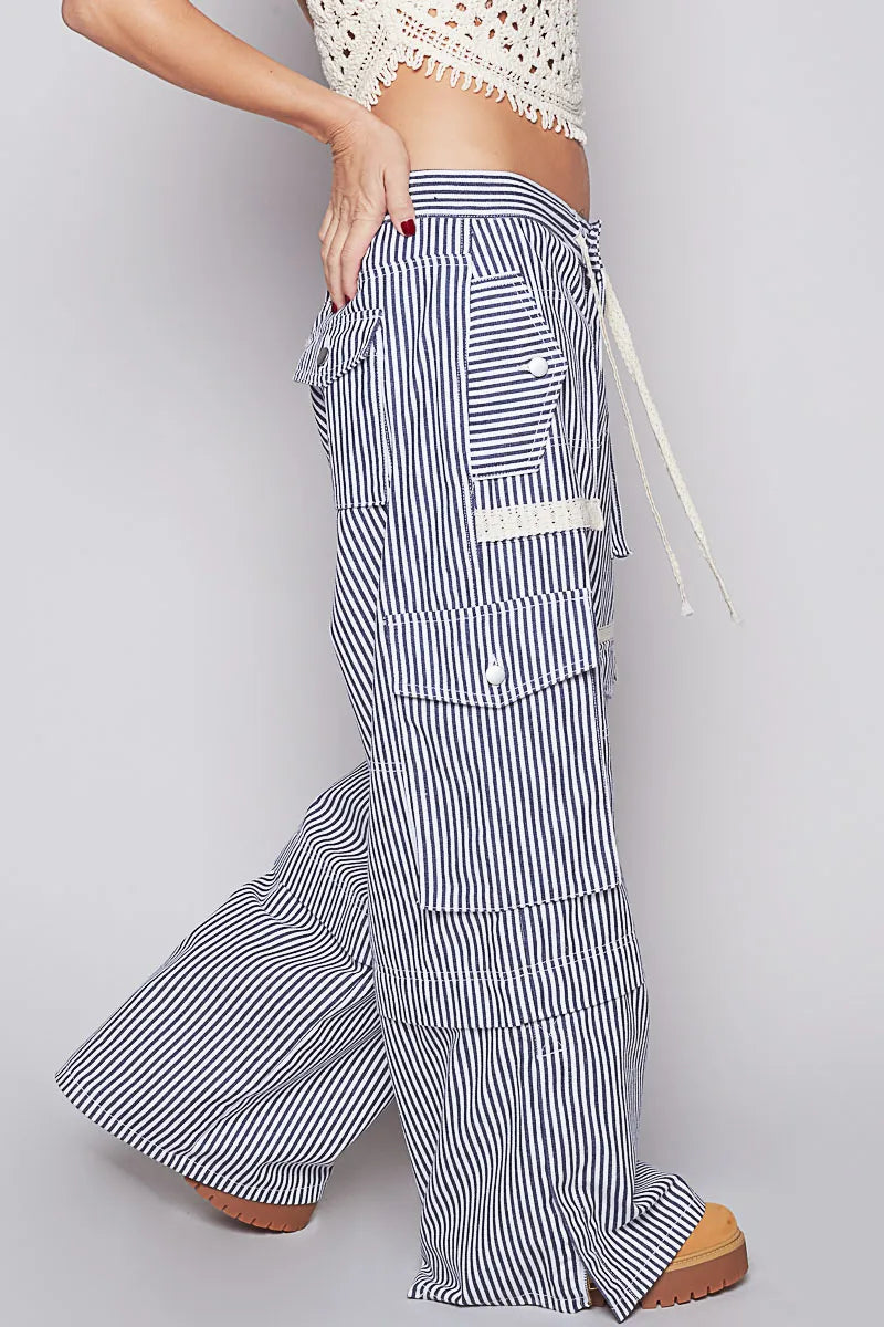 POL Denim Striped Lace Drawstring Pants with Cargo Pockets