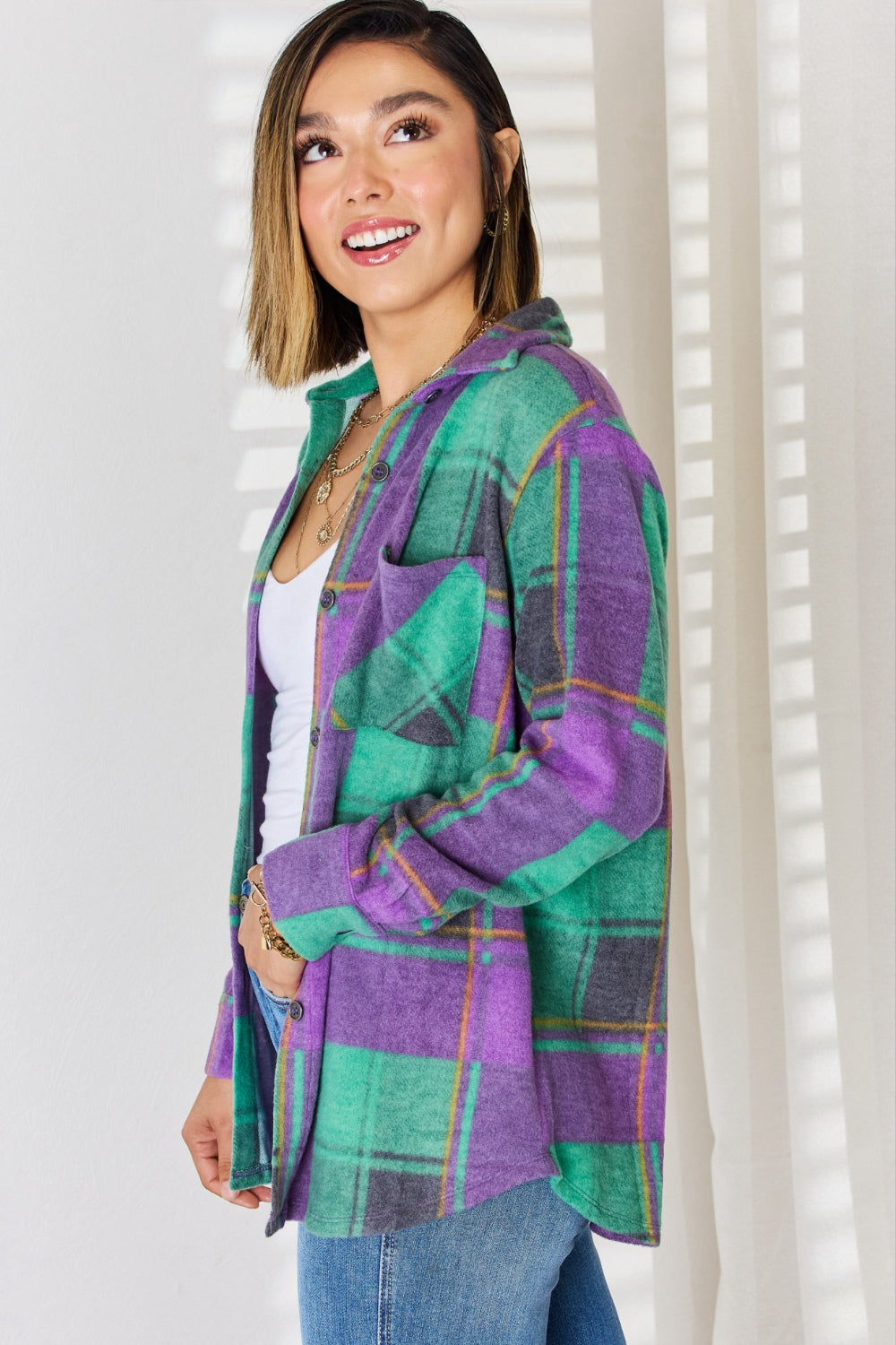 Zenana Green & Purple Plaid Button Up Long Sleeve Shacket Trendsi