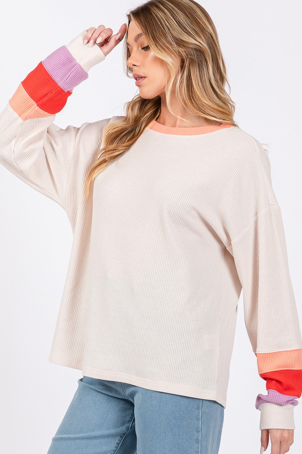 SAGE + FIG Sand Color Block Waffle Knit T-Shirt Trendsi