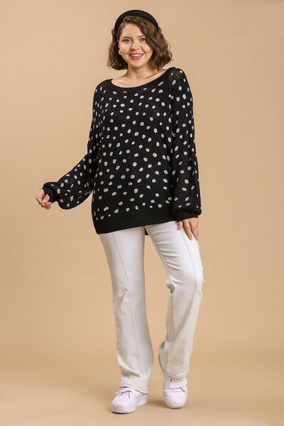 Umgee Black Dalmatian Hand Stamped Round Neck Sweater Plus Size