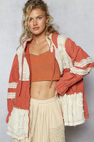 POL Orange Red Raw Hem Color Block Hooded Jacket Orange-Red