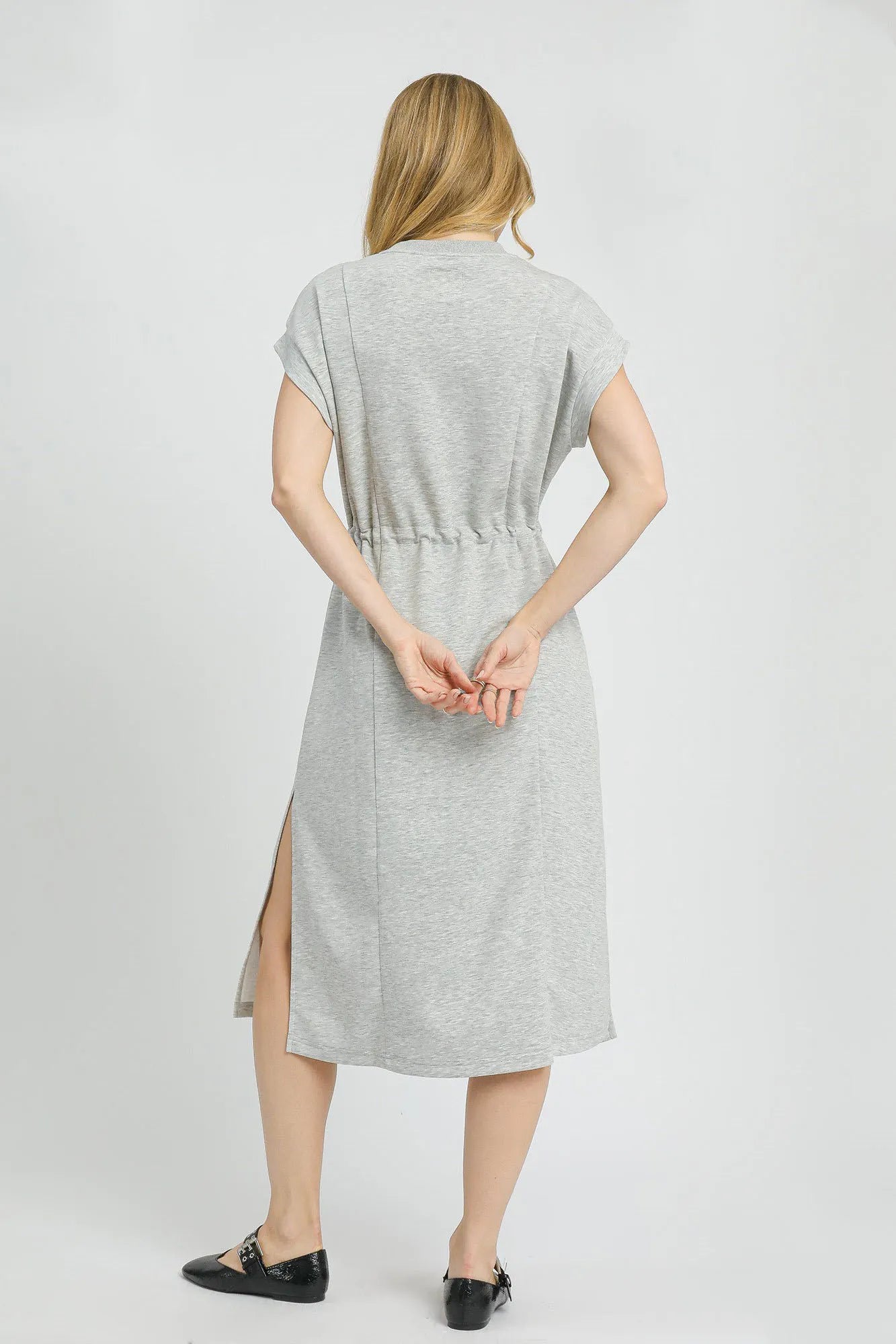 Umgee Grey Side Slit Short Sleeve Luxe Knit Midi Tee Dress