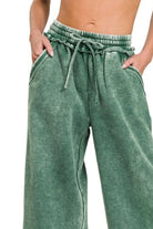 Zenana Dark Green Acid Wash Fleece Palazzo Sweatpants with Pockets