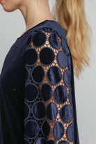 Umgee Navy Velvet Polka Dot Lace Long Sleeve Round Neck Blouse Shirts & Tops