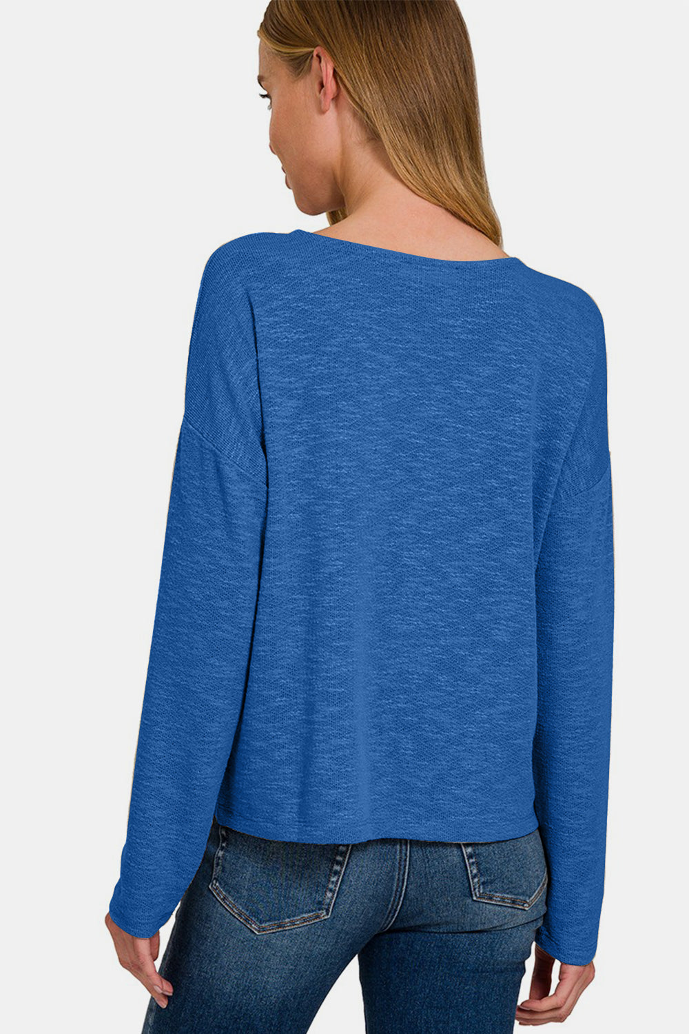 Zenana Classic Blue Dropped Shoulder Long Sleeve Top Trendsi