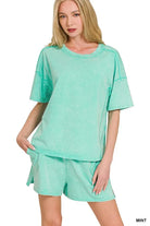 Zenana Light Teal Acid Washed Short Sleeve Tee & Shorts Set