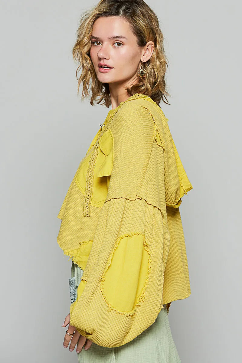 POL Yellow Raw Hem Cropped Hooded Jacket