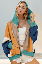 Preorder (4 Colors) Double Take Full Size Color Block Zip Up Hoodie Khaki