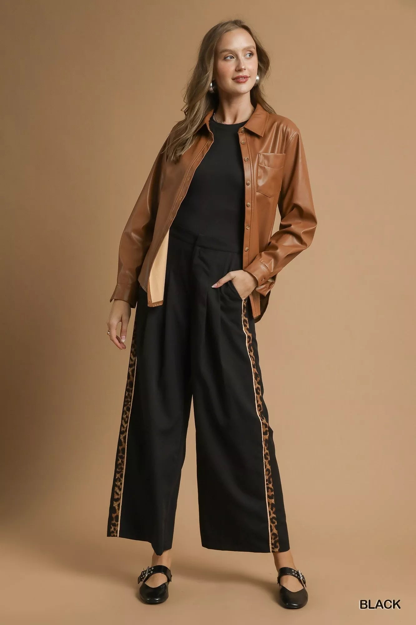 Umgee Black Front Pleated Wide-Leg Trouser with Leopard Contrast Trim