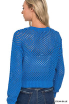 Zenana Ocean Blue Button Down Lightweight Crochet Cardigan Sweater