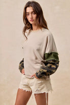 BiBi Camo Sleeve French Terry Top with Frayed Edge
