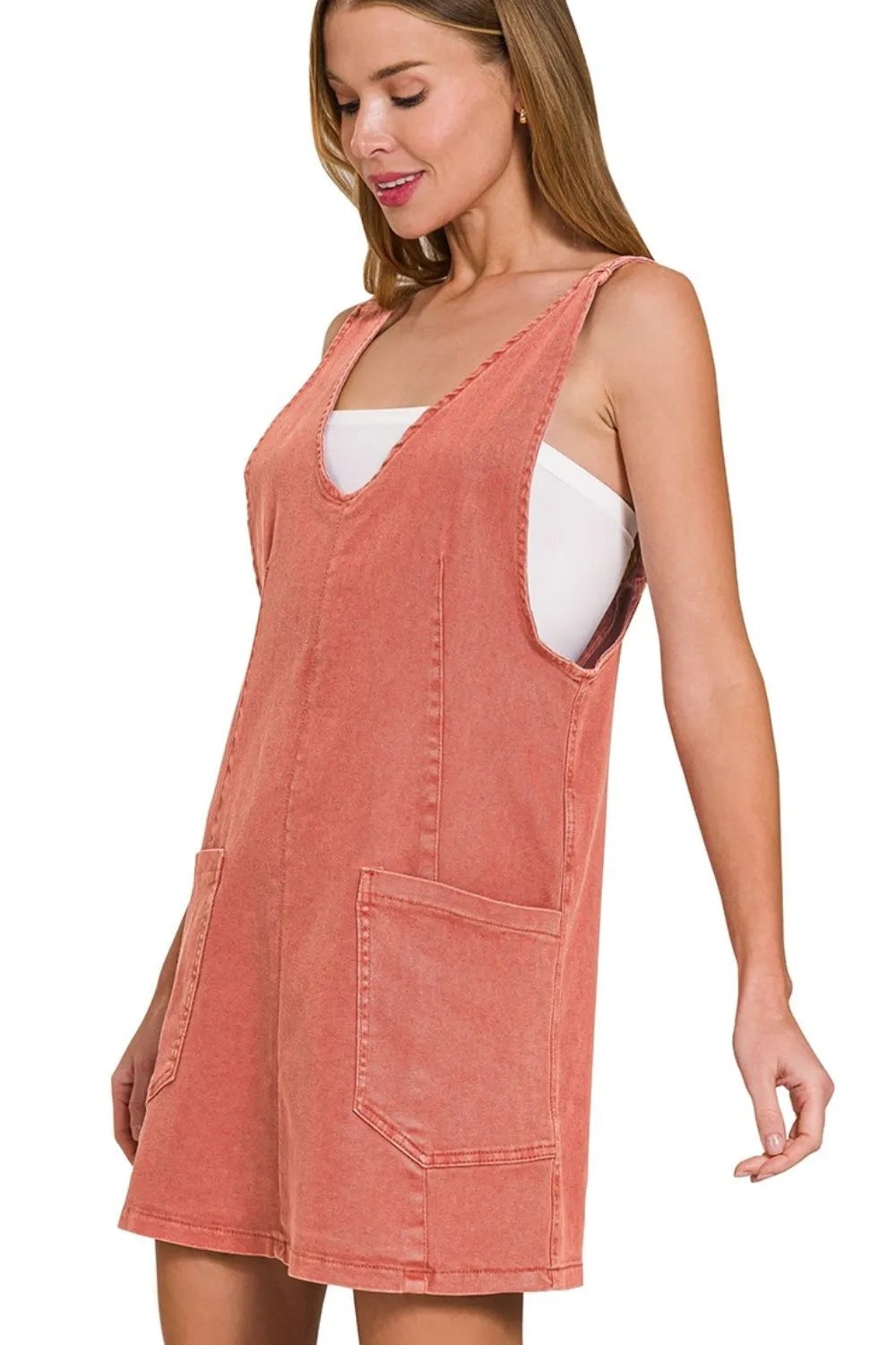 Zenana Cabernet Washed Adjustable Strap Denim Overall Dress CABERNET