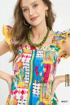 Umgee Abstract Print Smocked Ruffle Sleeve Tiered Midi Dress