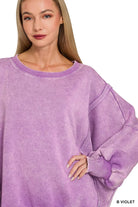 Zenana Bright Violet Acid Washed Batwing Sleeve Fleece Sweatshirt