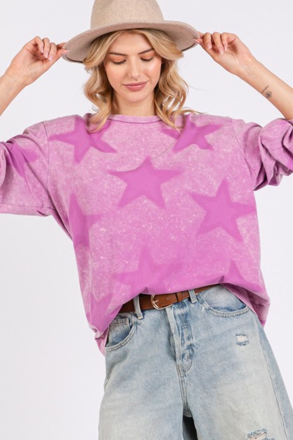 SAGE + FIG Moon Light Mauve Mineral Washed Star Pattern Long Sleeve Top Moonlit Mauve Shirts & Tops