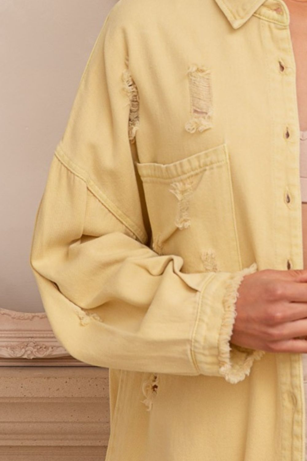 POL Lemonade Button Down Raw Hem Distressed Shacket Trendsi