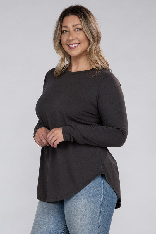 Zenana Plus Long Sleeve Round Neck Round Hem Top ZENANA