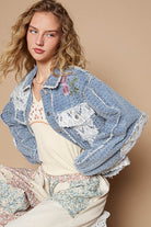 POL Dusty Blue Crochet Patch Embroidered Button Up Jacket Coats & Jackets