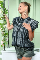 BiBi Charcoal Tiered Ruffle Neck Tie Dye Top