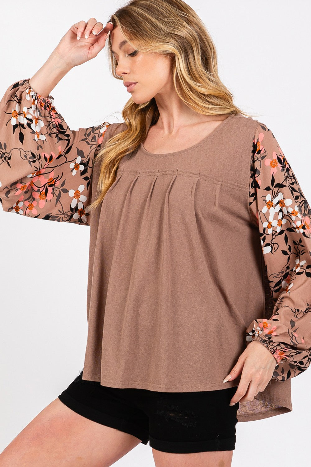 SAGE + FIG Brown Floral Long Sleeve Front Pleated Detail Blouse Trendsi