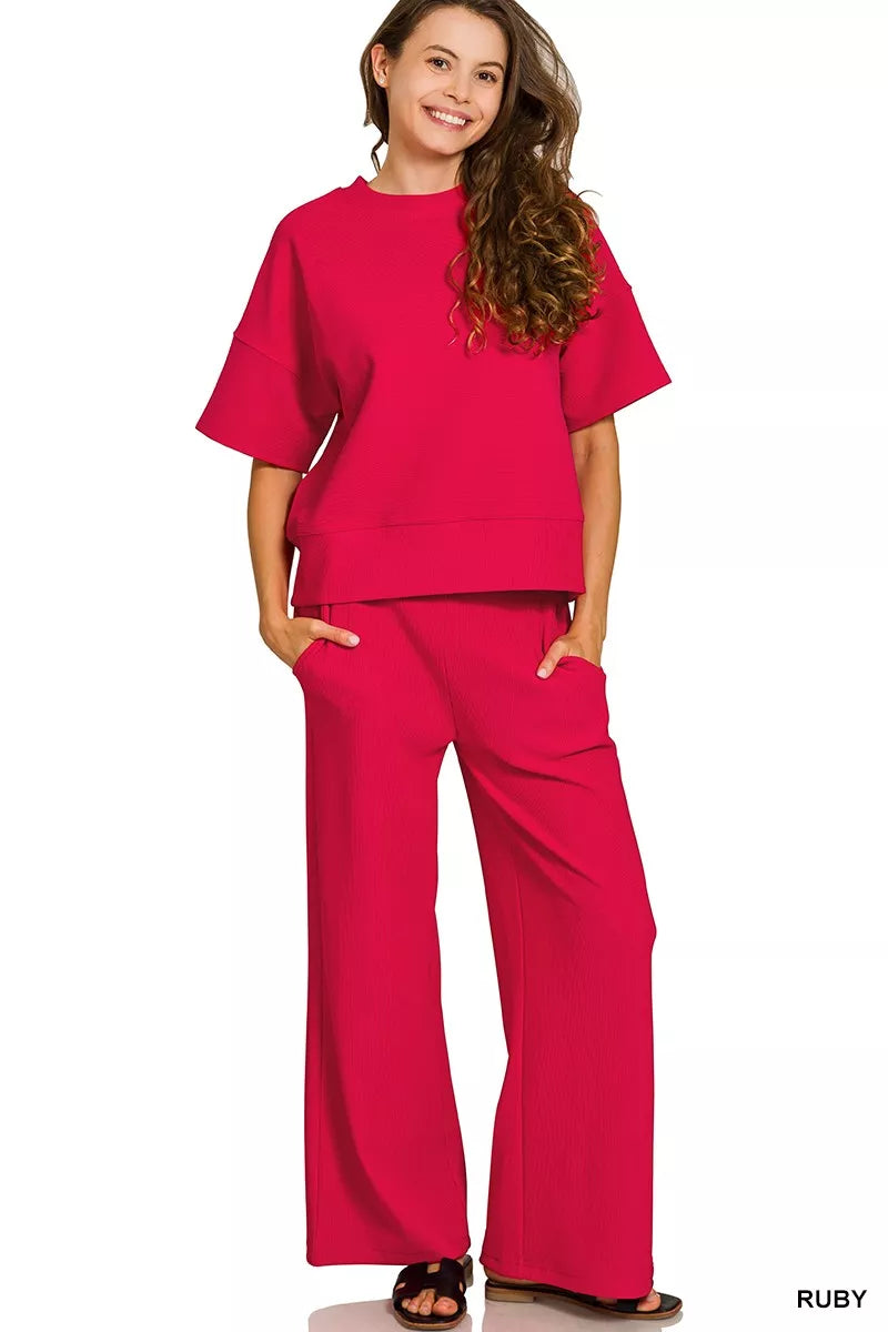 Zenana Ruby Ribbed Round Neck Tee & Pants Set