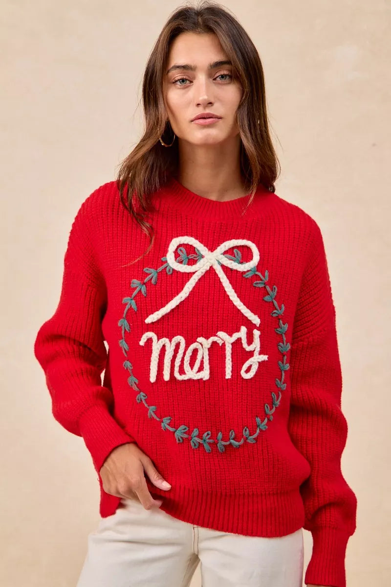BiBi Christmas Wreath Merry Letter Knit Top RED