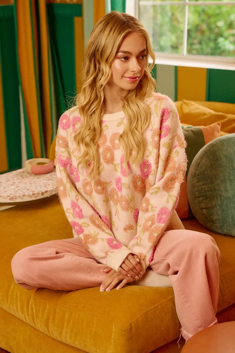 BiBi Ivory Towel Texture Floral Pattern Vintage Sweater