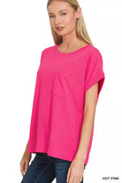 Zenana Hot Pink Cuffed Front Pocket Short Sleeve Tee