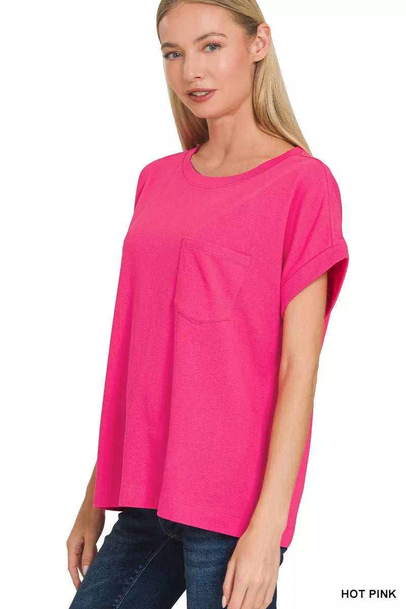 Zenana Hot Pink Cuffed Front Pocket Short Sleeve Tee