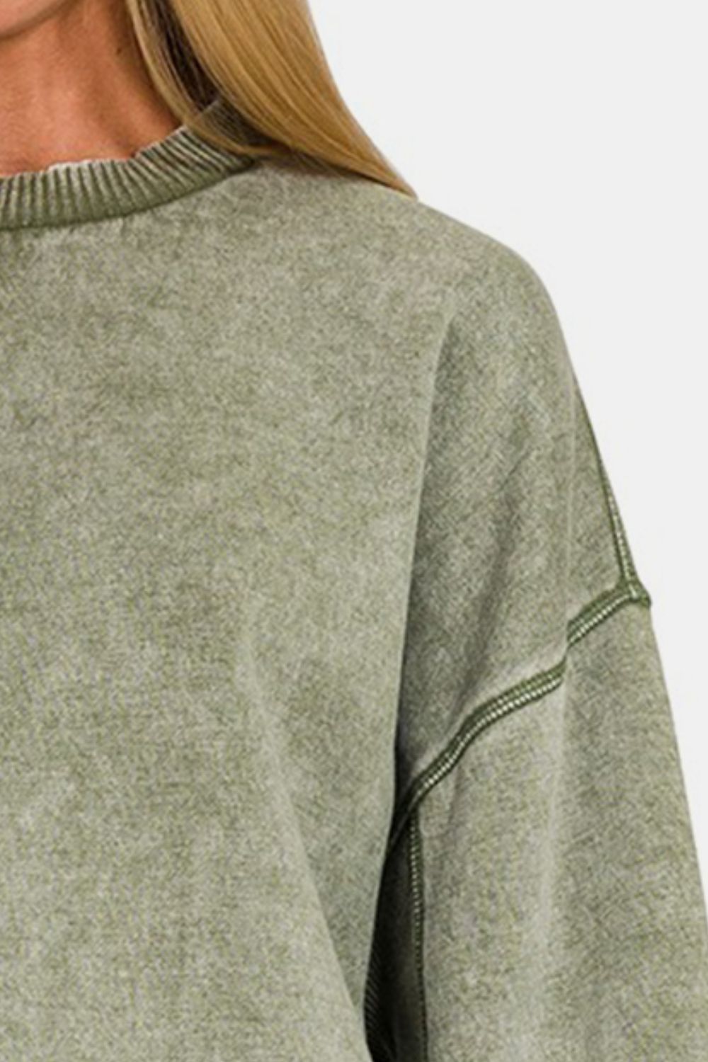 Zenana Light Olive Acid Washed Oversized Dropped Shoulder Lantern Sleeve Sweatshirt Trendsi
