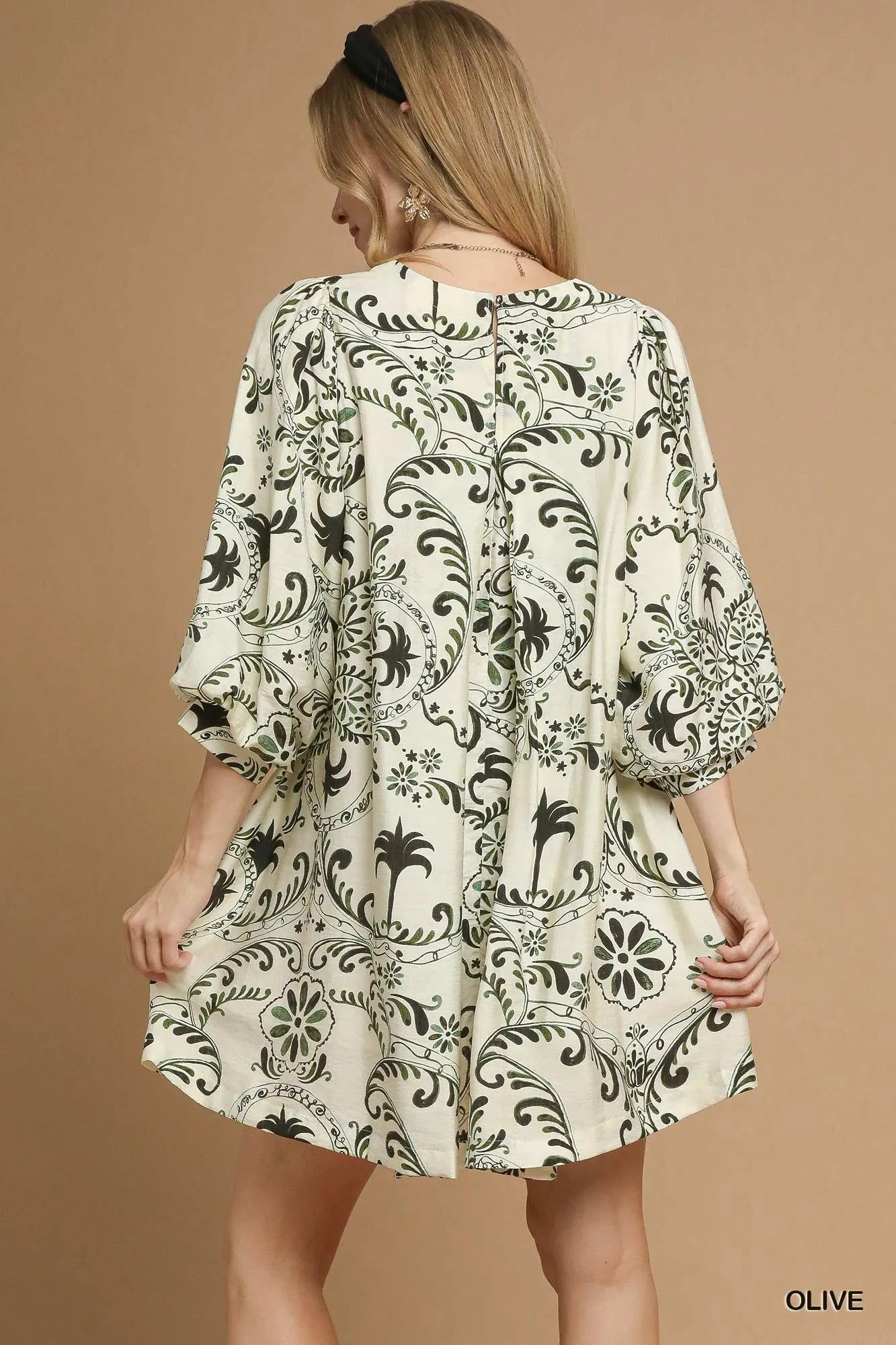 Umgee Olive Boho Printed Balloon Sleeve Mini Dress