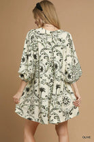 Umgee Olive Boho Printed Balloon Sleeve Mini Dress