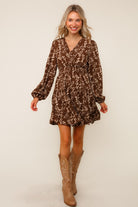 Haptics Mocha Floral Smocked Waist Tiered Woven Dress